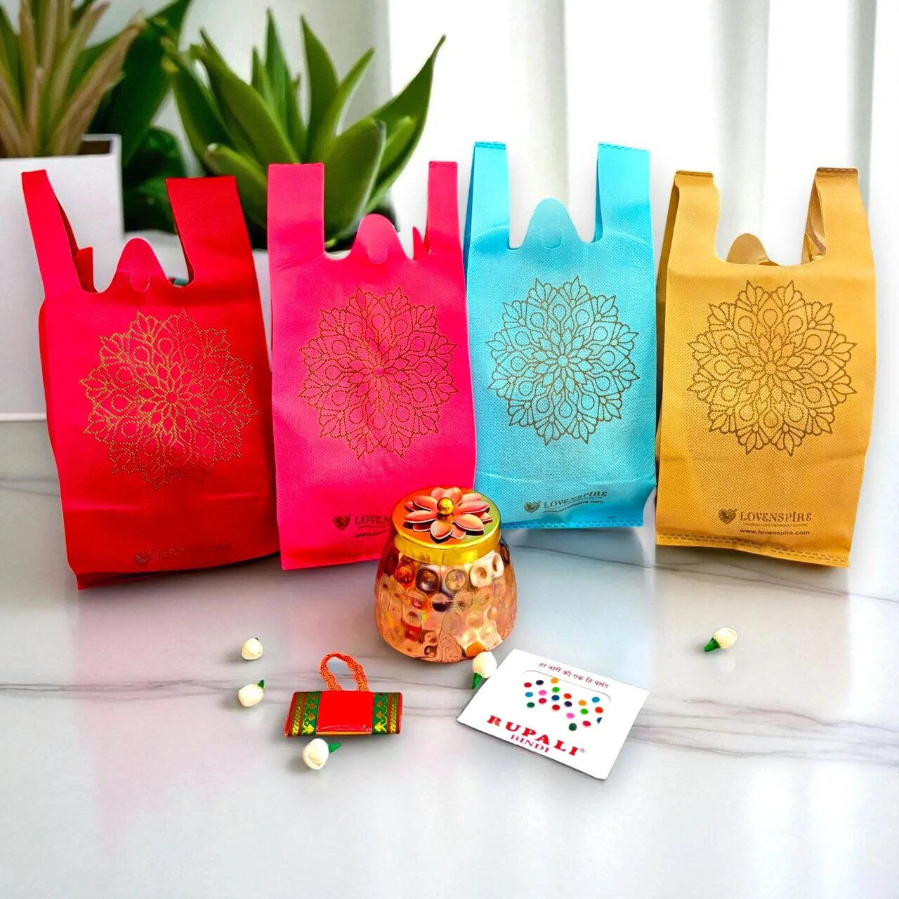 Varalakshmi Vratham Gift Hamper Navaratri Vratha Hindu Religious Teej Karva Chauth Pooja Housewarming Return Gifts - Assorted Bindi Dryfruit Jar Non Woven Carry Bags Haldi Kumkum Packet